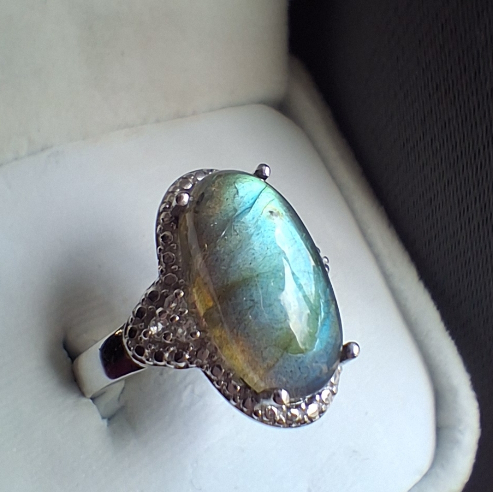 Malagasy Labradorite & White Topaz Platinum Bonded Ring 6.74 cts